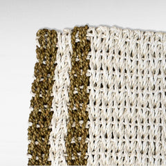 Chora Barefoot Luxury Living woven natural fiber rug with alternating white and olive green stripes, 40 cm diameter.