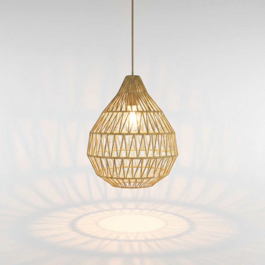 Chora Barefoot Luxury Living handmade natural color geometric woven pendant light, 50cm diameter, 90cm height.