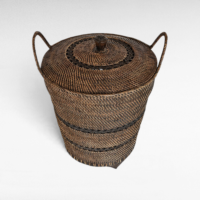 Chora Barefoot Luxury Living dark brown woven rattan storage basket with a lid and two side handles