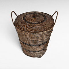 Chora Barefoot Luxury Living dark brown woven rattan storage basket with a lid and two side handles