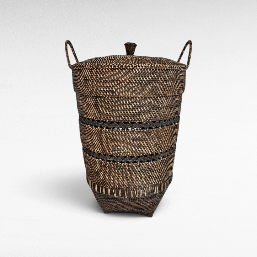 Chora Barefoot Luxury Living dark brown woven rattan storage basket with a lid and side handles for home organization.