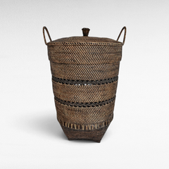 Chora Barefoot Luxury Living dark brown woven rattan storage basket with a lid and side handles for home organization.