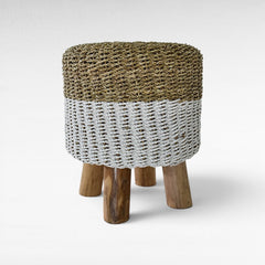 Chora Barefoot Luxury Living round stool with a woven natural and white rope seat on three sturdy wooden legs.