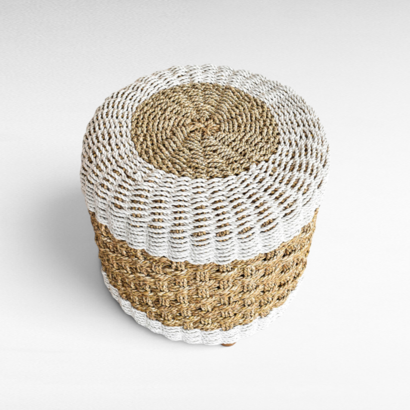 Chora Barefoot Luxury Living round woven stool in natural tan and white rope, 60cm diameter, minimalist boho style