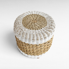 Chora Barefoot Luxury Living round woven stool in natural tan and white rope, 60cm diameter, minimalist boho style