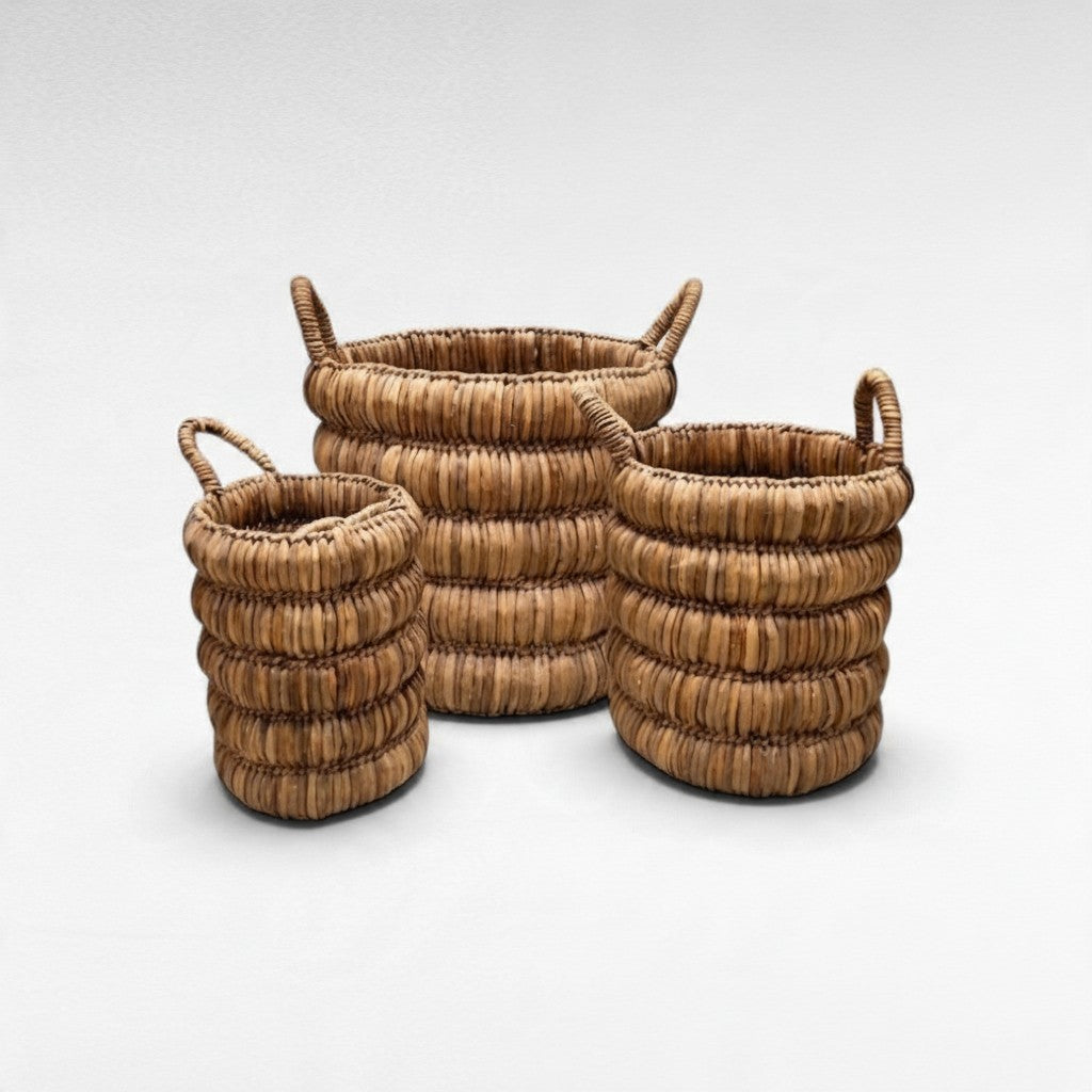 Chora Barefoot Luxury Living set of three natural woven seagrass baskets with sturdy handles for home storage