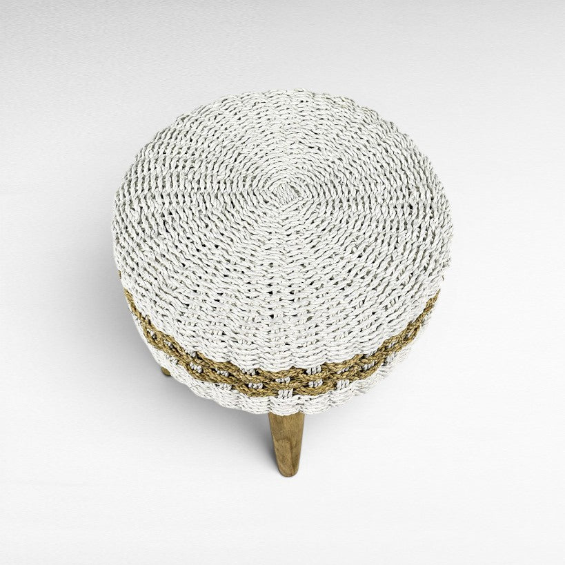 Chora Barefoot Luxury Living round woven stool with white and natural jute texture, 40 cm height.