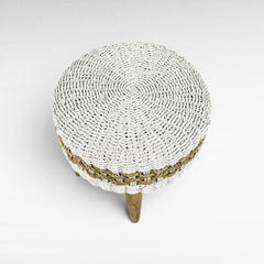 Chora Barefoot Luxury Living round woven stool with white and natural jute texture, 40 cm height.