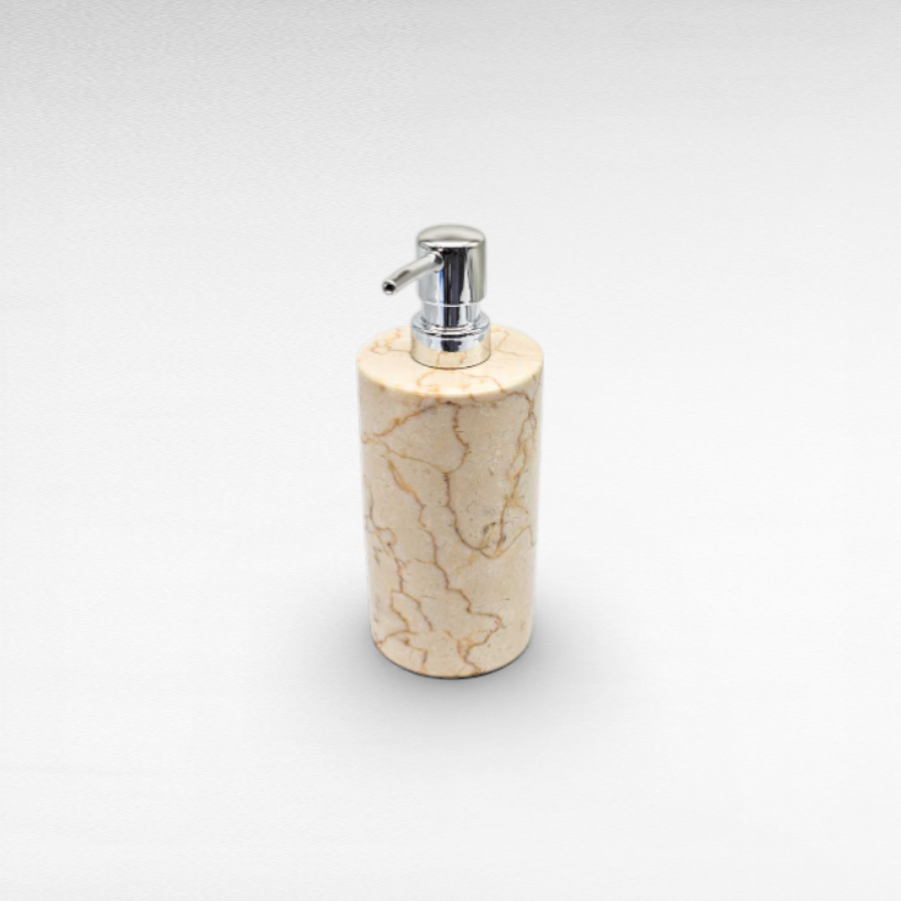Chora Barefoot Luxury Living beige marble soap dispenser with chrome pump. Cylindrical design.