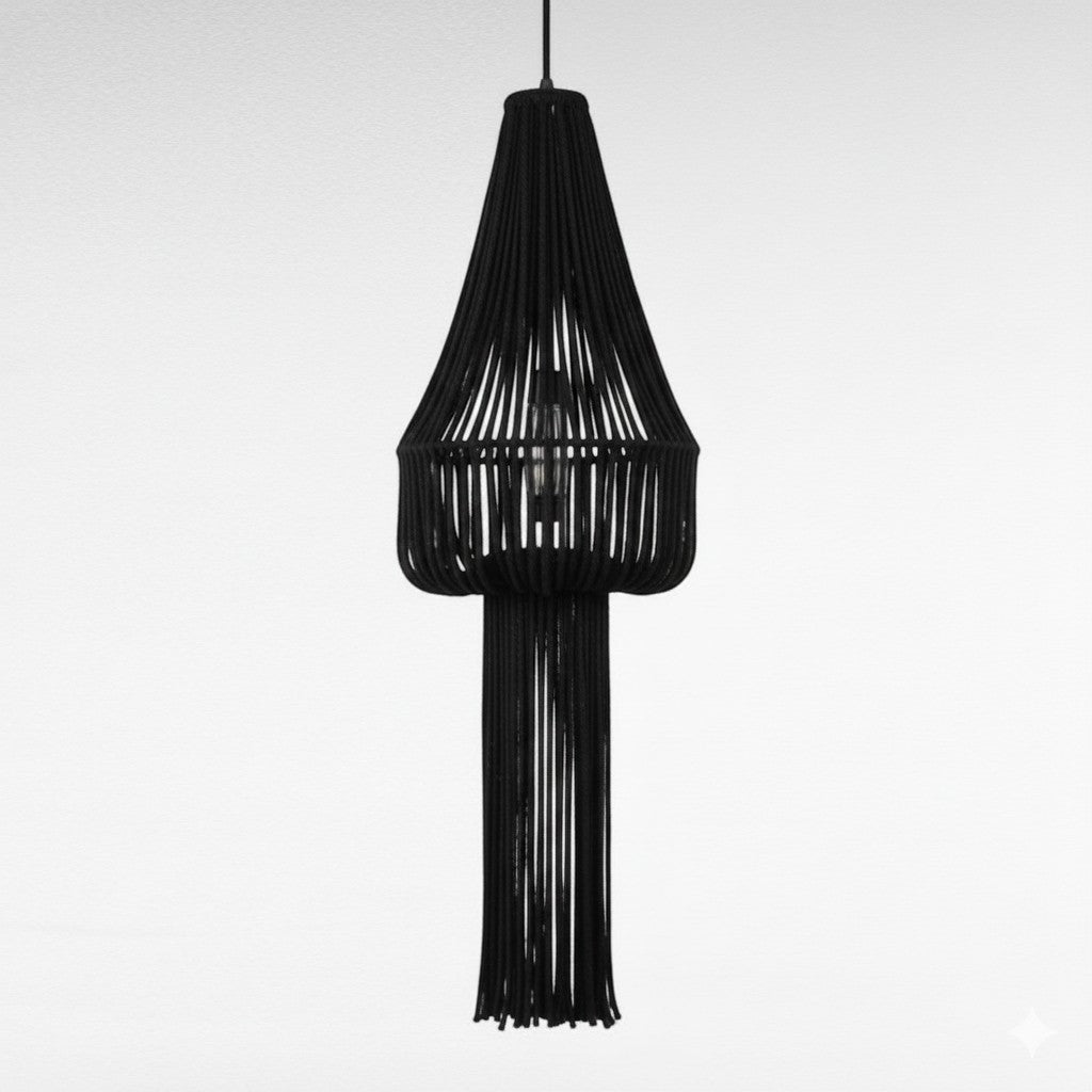 Chora Barefoot Luxury Living black cotton rope chandelier pendant light with tassel detail