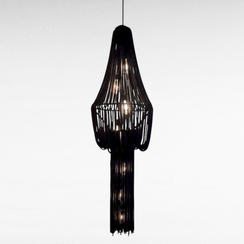 Chora Barefoot Luxury Living black rope chandelier pendant light with tiered fringe detail, 50cm diameter, 172cm height.