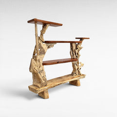 Chora Barefoot Luxury Living rustic wood shelf unit with natural wood grain and 4 tiered shelves. Natural wood finish.