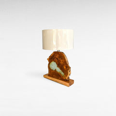 Chora Barefoot Luxury Living teak wood and resin table lamp with cream shade, natural wood base and unique resin inlay.