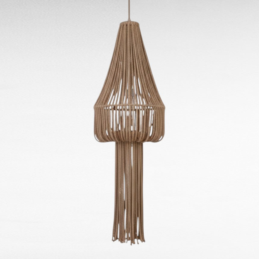 Chora Barefoot Luxury Living natural rope chandelier pendant light with a tiered, elongated silhouette and tassel detail.