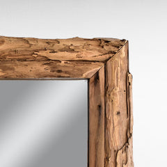 Chora Barefoot Luxury Living reclaimed teak wood mirror with natural bark frame, 85x95 cm. Unique, rustic, and authentic.
