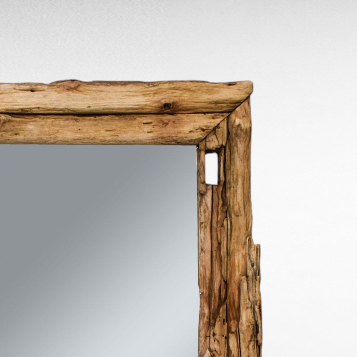 Chora Barefoot Luxury Living reclaimed teak wood mirror with natural grain and rustic bark frame. 100cm W x 160cm H.