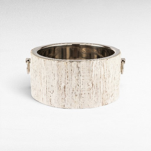 Chora Barefoot Luxury Living extra large white wood-look ice bucket with silver nickel rim and handles.