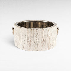 Chora Barefoot Luxury Living extra large white wood-look ice bucket with silver nickel rim and handles.