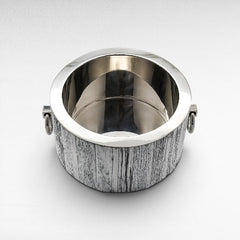 Chora Barefoot Luxury Living large round ice bucket with textured white exterior and polished silver nickel rim and handles.