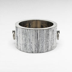 Chora Barefoot Luxury Living large round white ice bucket with silver nickel finishing and ring handles, textured wood-like exterior.