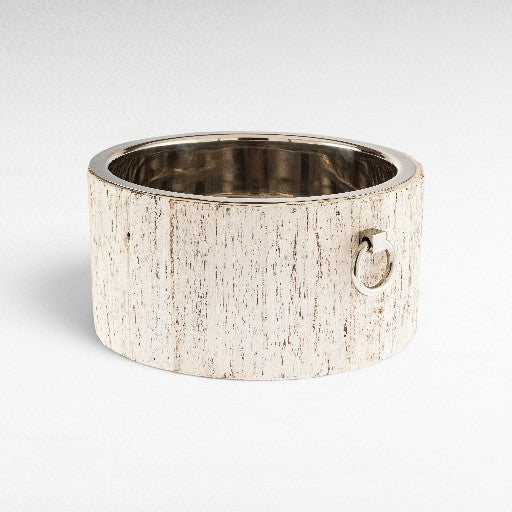 Chora Barefoot Luxury Living extra large white distressed wood ice bucket with silver nickel rim and ring handle