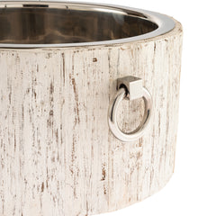 Chora Barefoot Luxury Living extra large round ice bucket in distressed white wood with silver nickel ring handle and stainless steel interior.