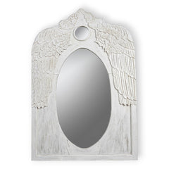 Chora Barefoot Luxury Living whitewashed suar wood mirror with hand-carved angel wings and oval glass.