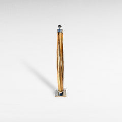 Chora Barefoot Luxury Living natural wood floor lamp with stainless steel accents and a woven raffia shade, 150cm height.
