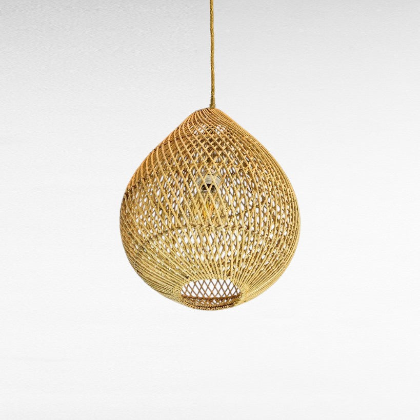 Chora Barefoot Luxury Living natural rattan oval pendant light with woven texture and exposed bulb