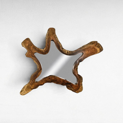 Chora Barefoot Luxury Living teak wood mirror with a unique organic star-shaped frame and natural wood grain finish.