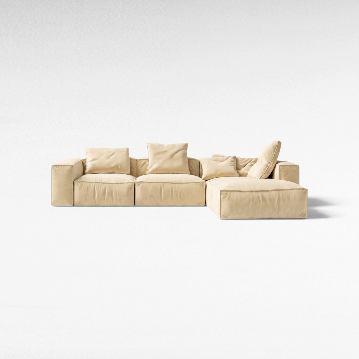 Chora Barefoot Luxury Living modular beige sofa with a chaise lounge and matching square throw pillows