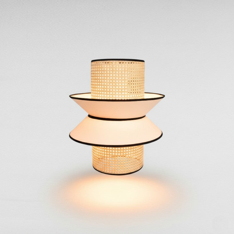 Off White & Black Fabric and Rattan Lamp Shade