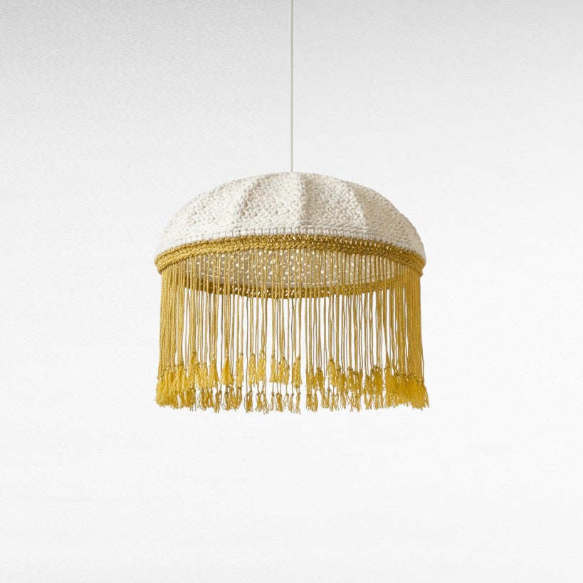 OFF WHITE ROPE PENDANT LIGHT WITH GOLD TASSELS