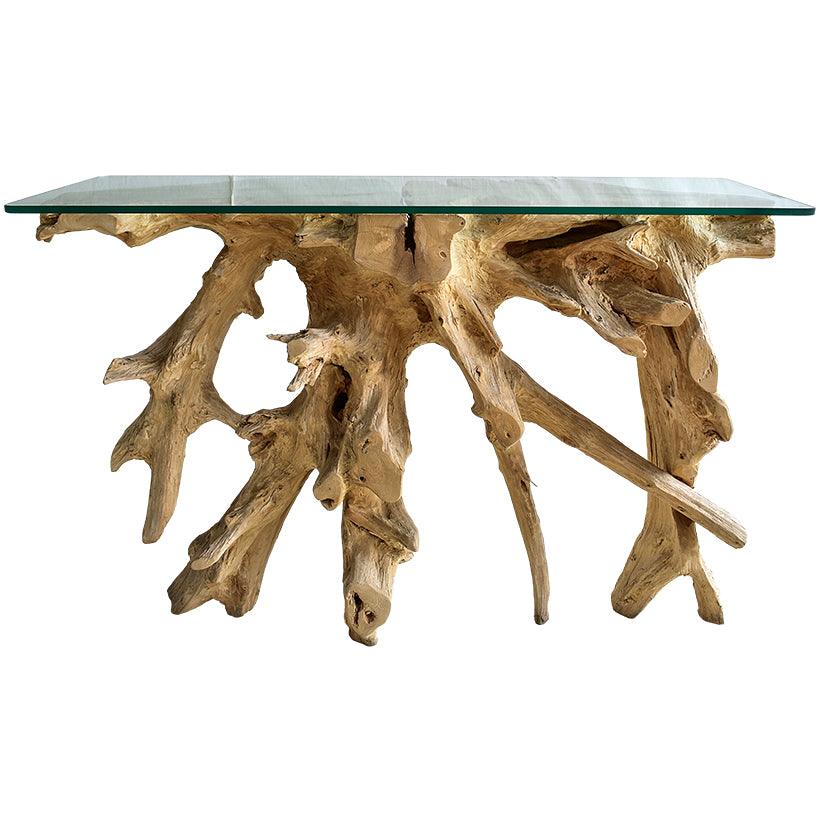 BLEACHED TEAK CONSOLE WITH GLASS 110x45x80cm