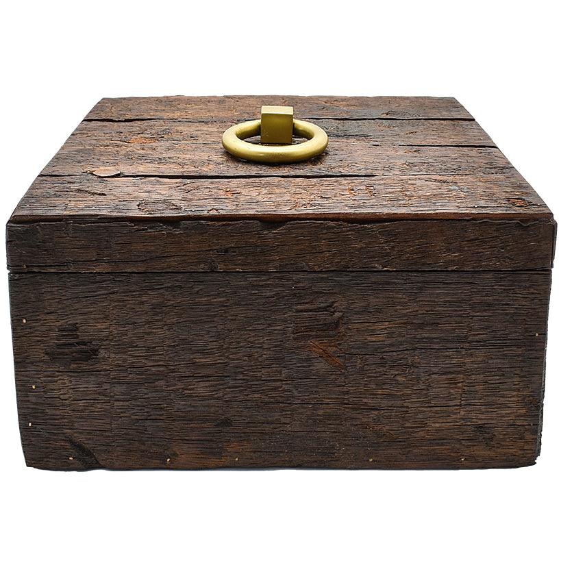 ROUGH WOOD SQ. BOX WITH ANT. BRASS 33x33x17,5cm - Chora Mykonos