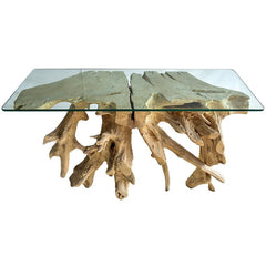 BLEACHED TEAK CONSOLE WITH GLASS 110x45x80cm - Chora Mykonos