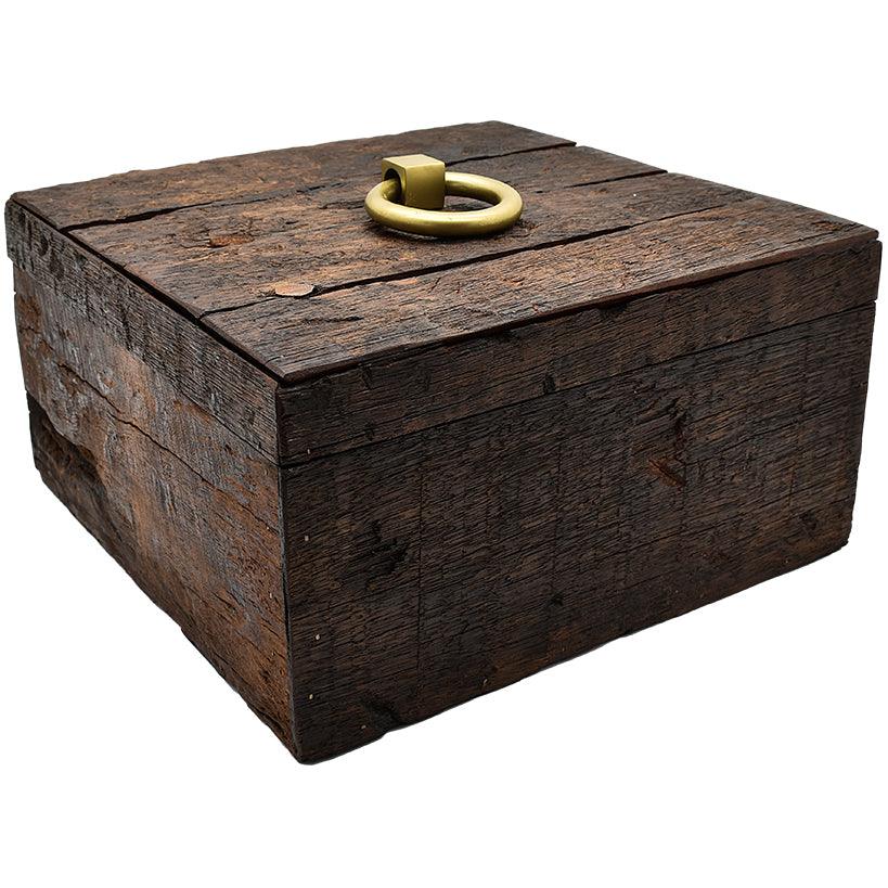 ROUGH WOOD SQ. BOX WITH ANT. BRASS 33x33x17,5cm - Chora Mykonos