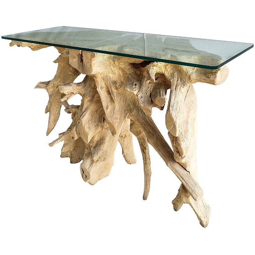 BLEACHED TEAK CONSOLE WITH GLASS 110x45x80cm