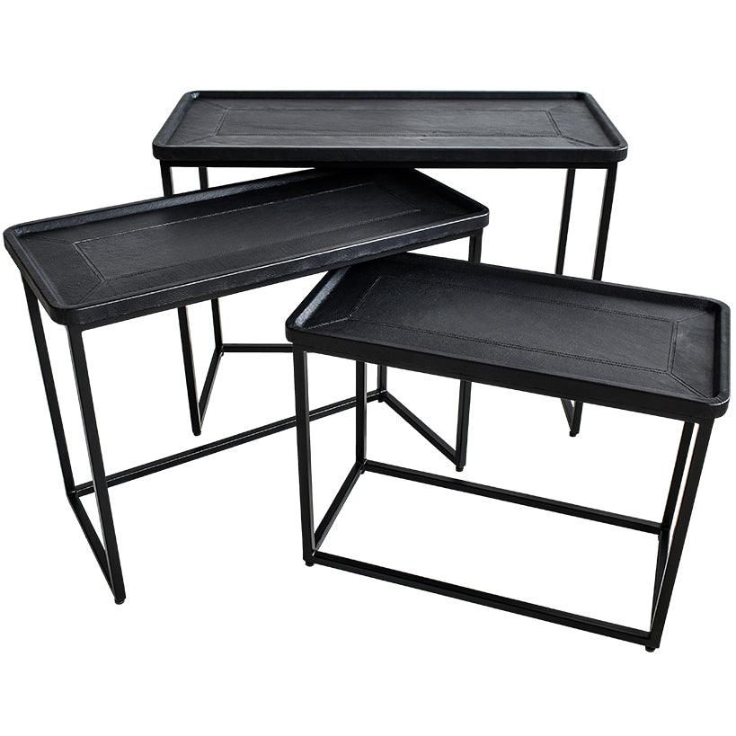 IRON/LEATHER NESTING TABLE SET OF 3 IN BLACK FINISH 82x60x60cm - Chora Mykonos