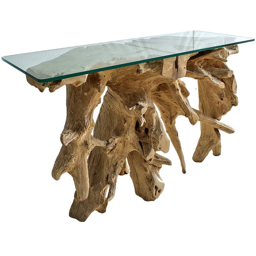 BLEACHED TEAK CONSOLE WITH GLASS 110x45x80cm - Chora Mykonos