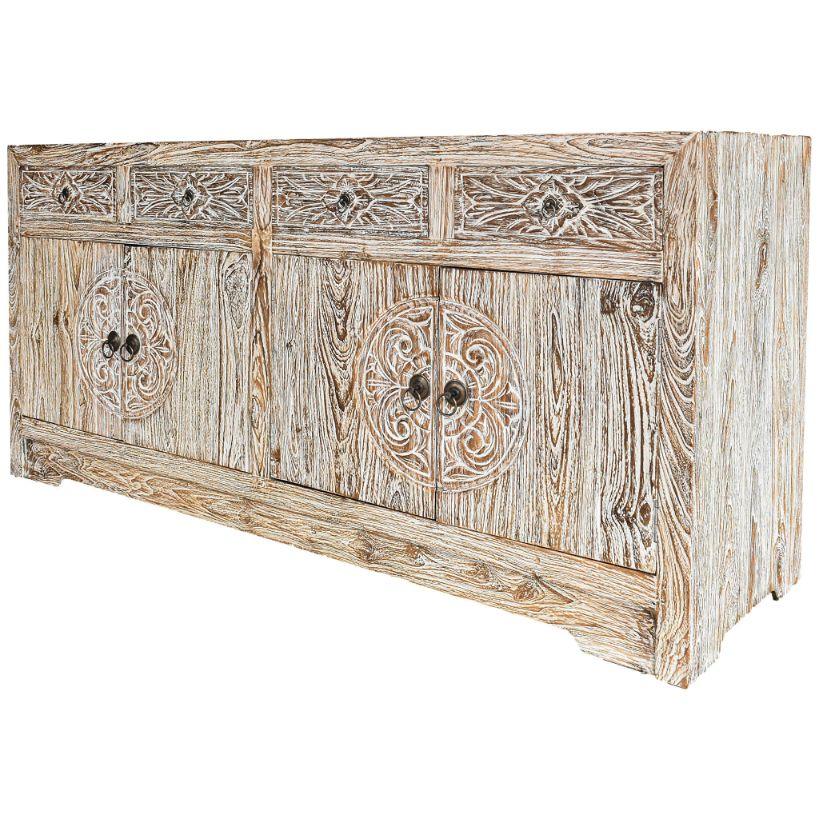 BUFFET WHITE WASHED WITH CARVING DETAILS 165x50x60cm - Chora Mykonos